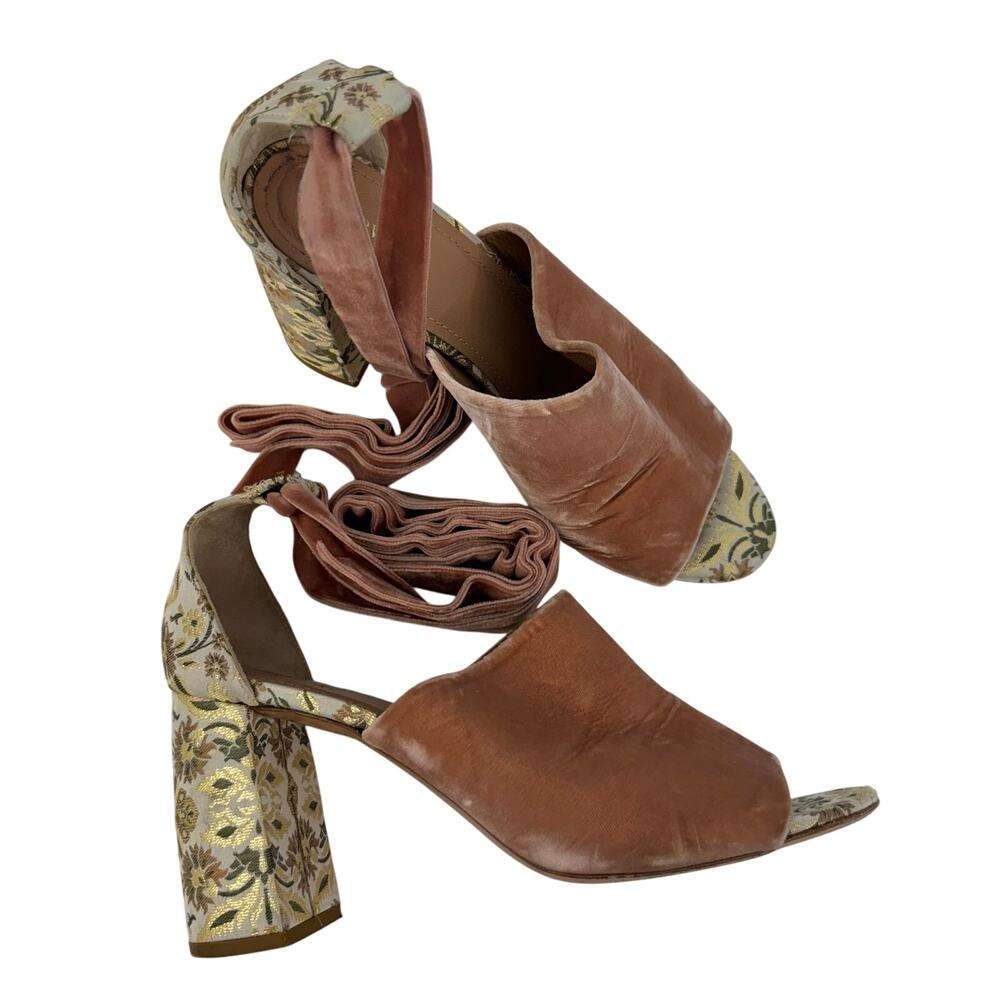 Lewit Velvet Ankle Wrap Sandals Block Heel Brocade Mauve Pink 41 (US 10.5)